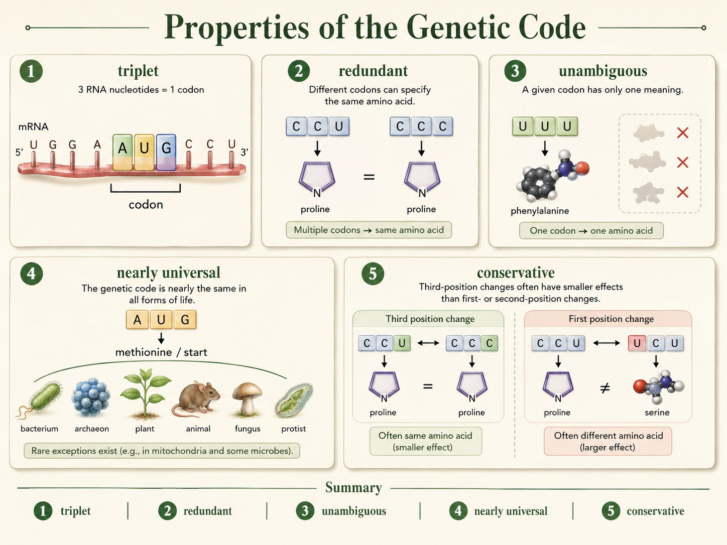 Panels show the genetic code as triplet, redundant, unambiguous, nearly universal, and conservative.