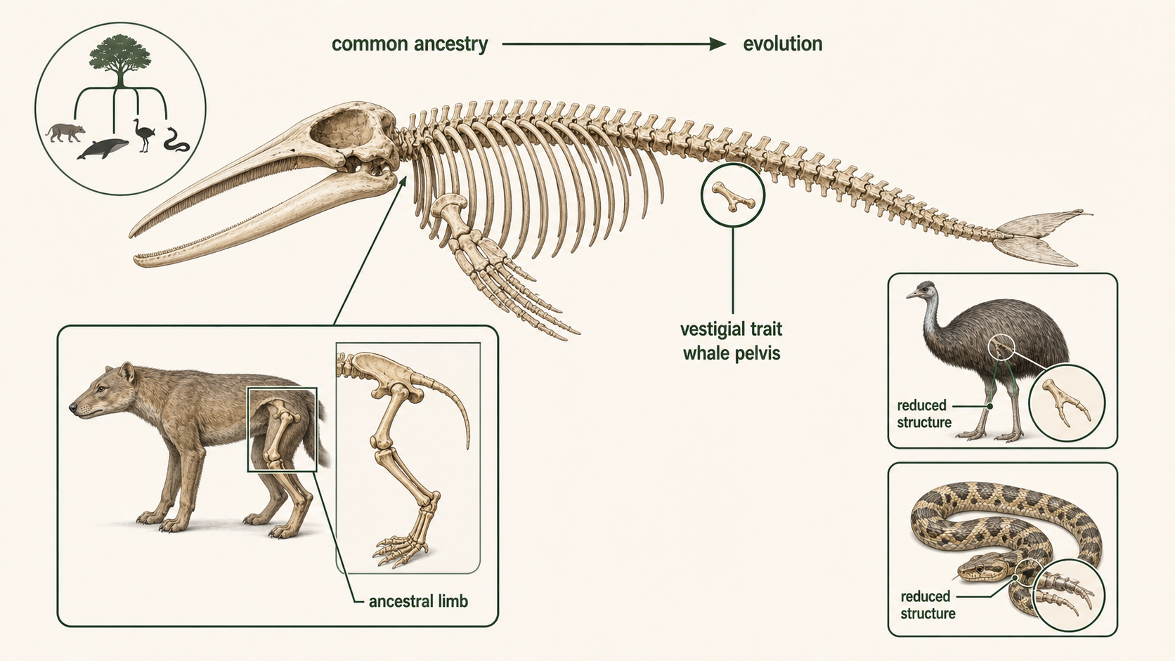 A whale skeleton highlights small pelvic bones as remnants of hind limbs from four-legged ancestors.