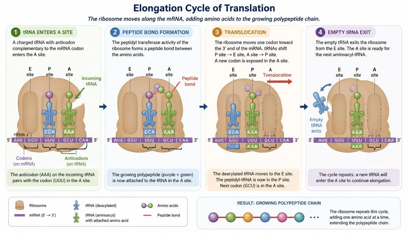 Translation elongation repeatedly adds amino acids to the growing polypeptide chain.