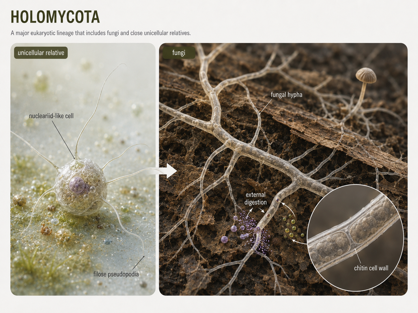 Holomycota includes fungi and close unicellular relatives. Fungi digest food externally and absorb nutrients, often using hyphae to grow through their food source. Their chitin-containing cell walls distinguish them from many close protist relatives.