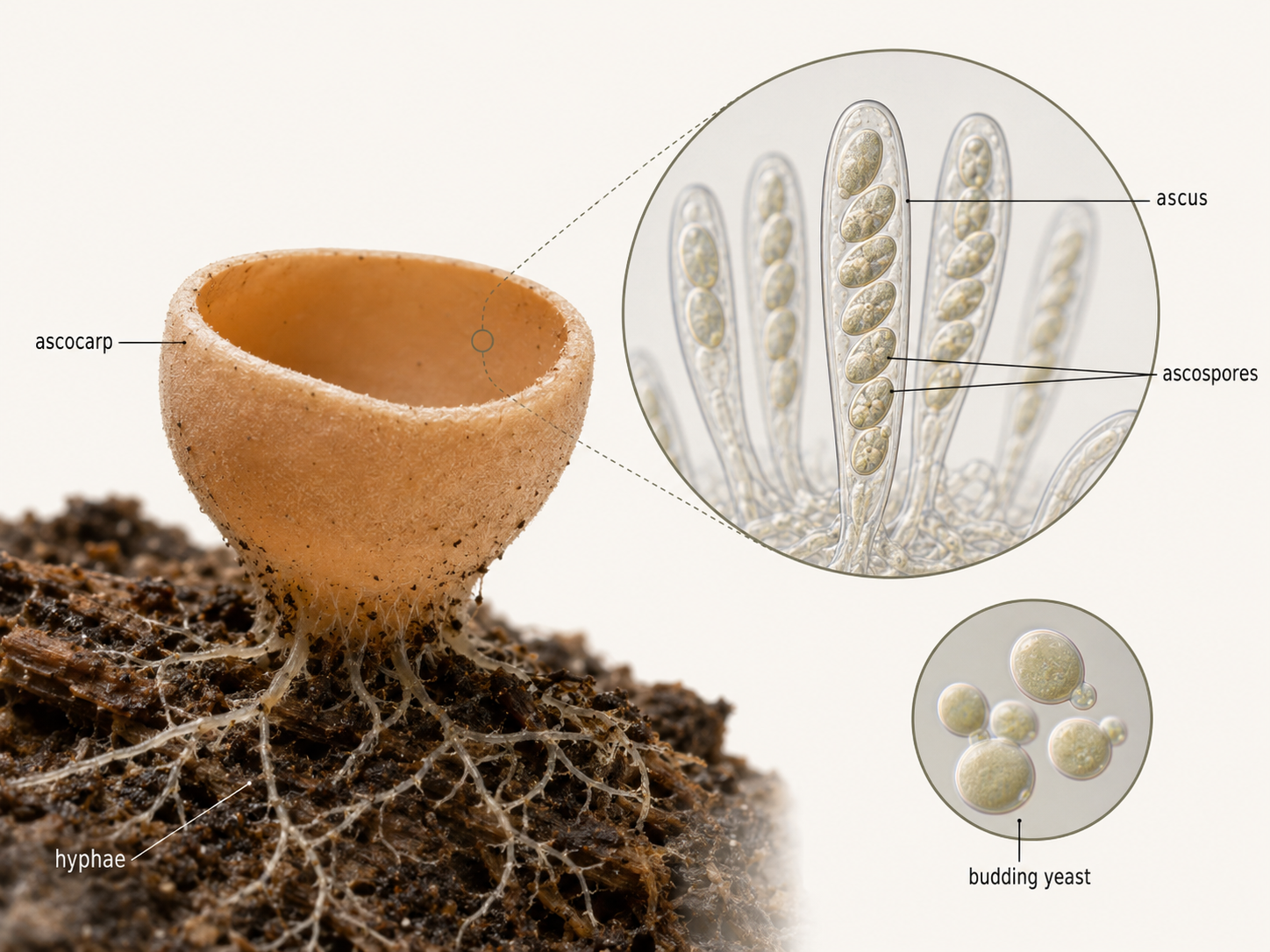Ascomycetes are sac fungi that produce sexual spores inside asci. This group includes yeasts, molds, morels, truffles, cup fungi, many lichen-forming fungi, and important decomposers, pathogens, and mutualists.