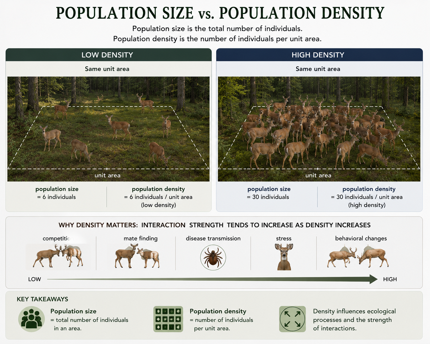 Two habitat plots show the same species at different spacing. One plot has individuals spread far apart, while the other has individuals crowded together. Labels distinguish total population size from density per unit area.