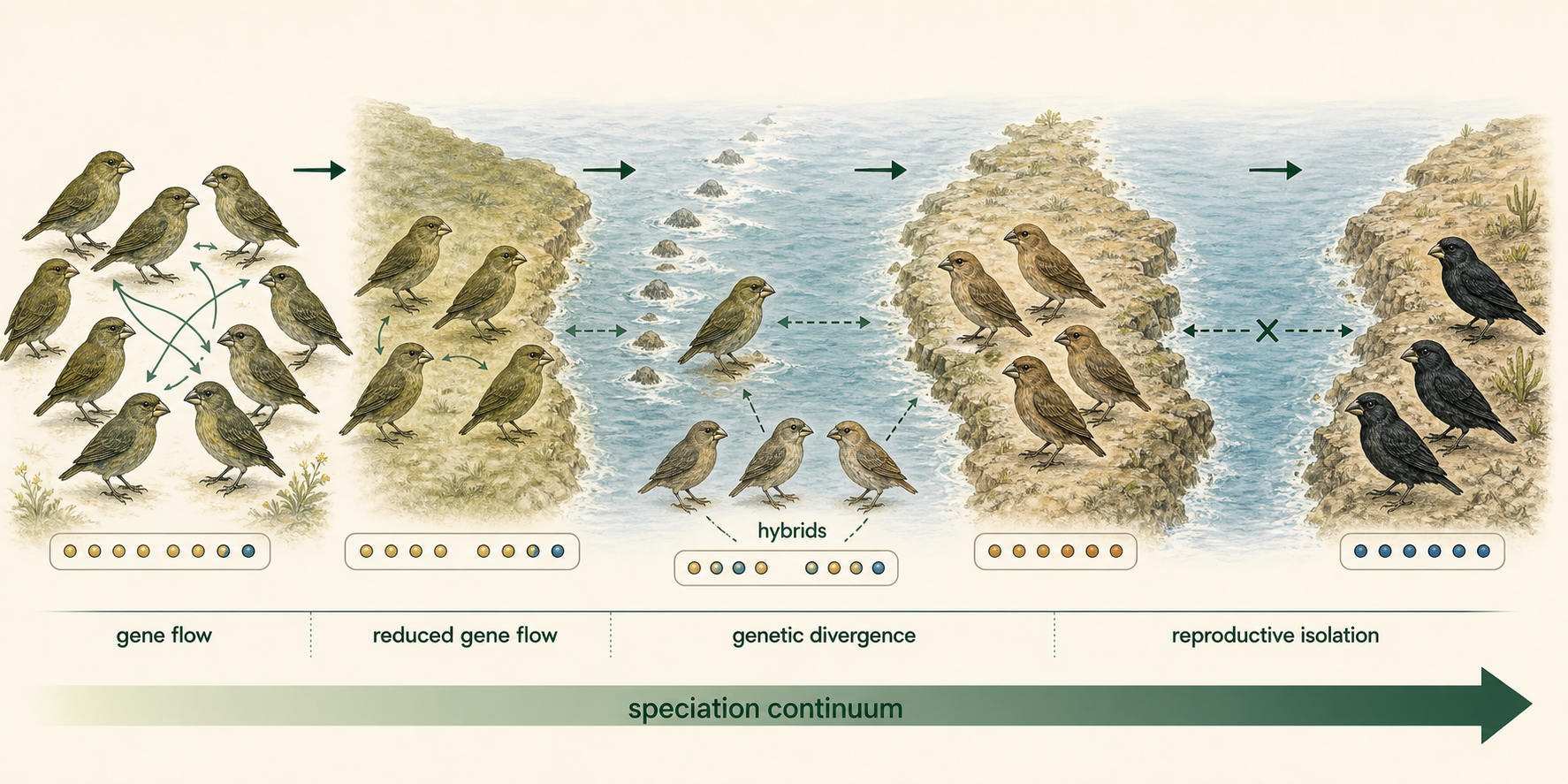 A species splits into populations with declining gene flow, increasing divergence, some hybrids, and eventual reproductive isolation.