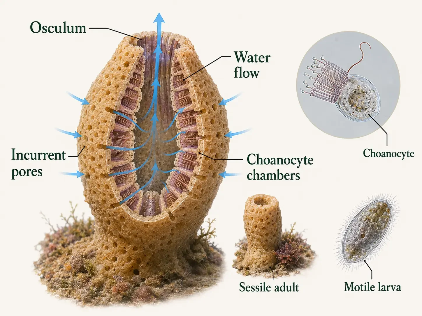 Sponge cross-section showing water entering through pores, moving through canals and choanocyte chambers, and leaving through the osculum; labels identify cells involved in feeding, transport, support, repair, and reproduction.