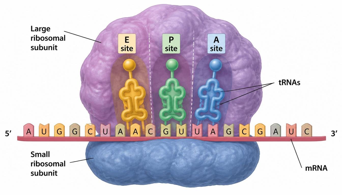 Ribosomes coordinate translation through specialized tRNA binding sites.