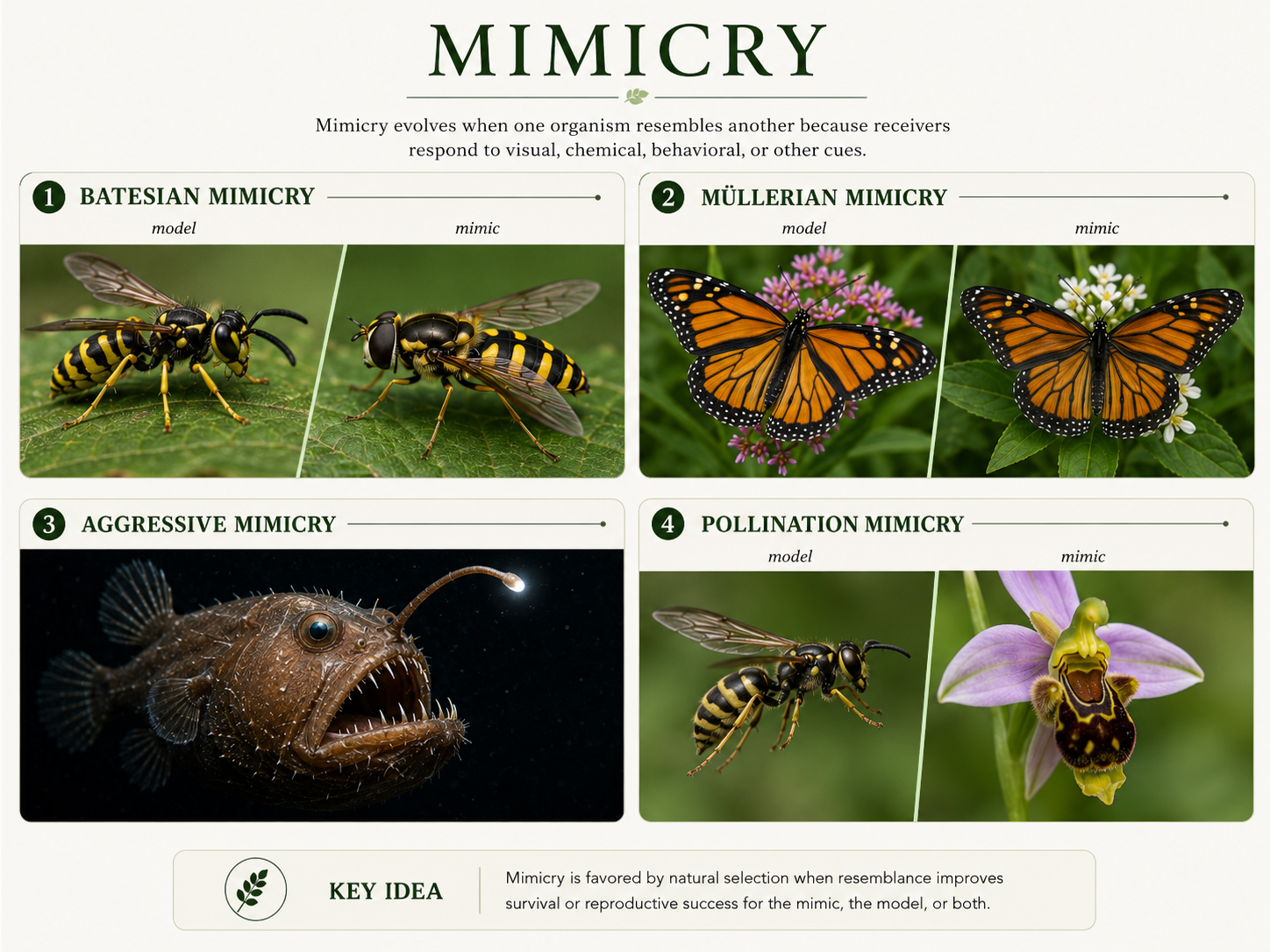 Four examples of mimicry are shown: a harmless fly resembling a wasp, two toxic butterflies with similar warning patterns, an anglerfish lure resembling prey food, and an orchid flower resembling a female insect to attract a pollinator.