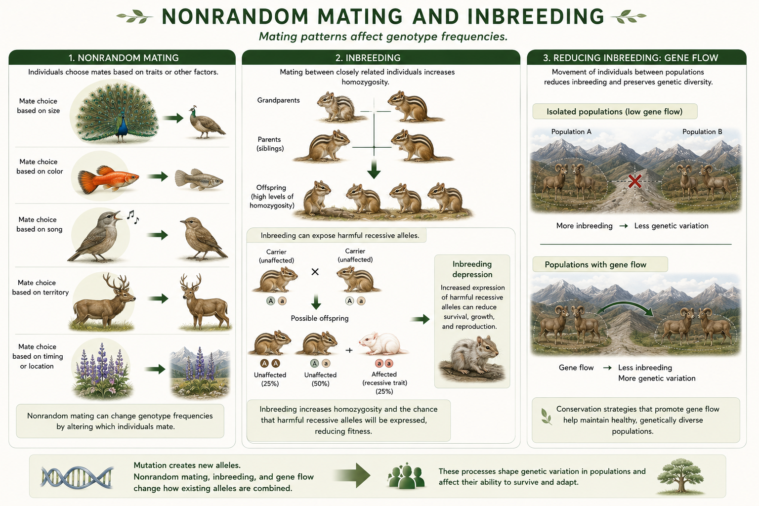 A population diagram shows nonrandom mating, inbreeding increasing homozygosity, and gene flow reducing inbreeding risk.