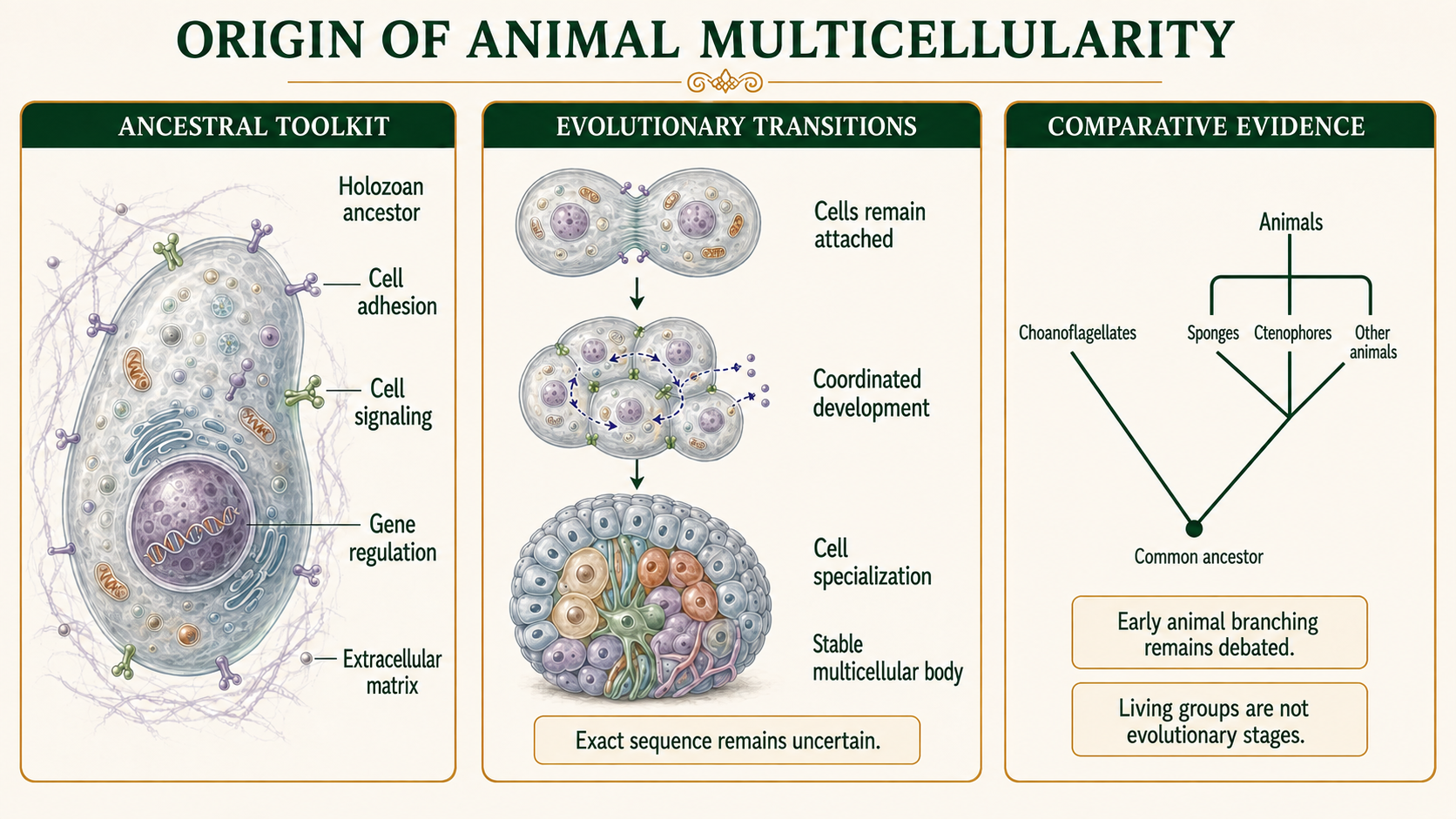 Infographic showing the ancestral molecular toolkit, proposed transitions to animal multicellularity, and the debated early branches of the animal tree.