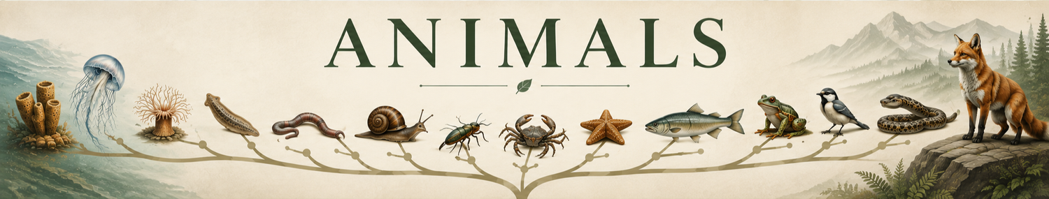 Representative animal lineages arranged along a branching evolutionary tree, from sponges and cnidarians to vertebrates.