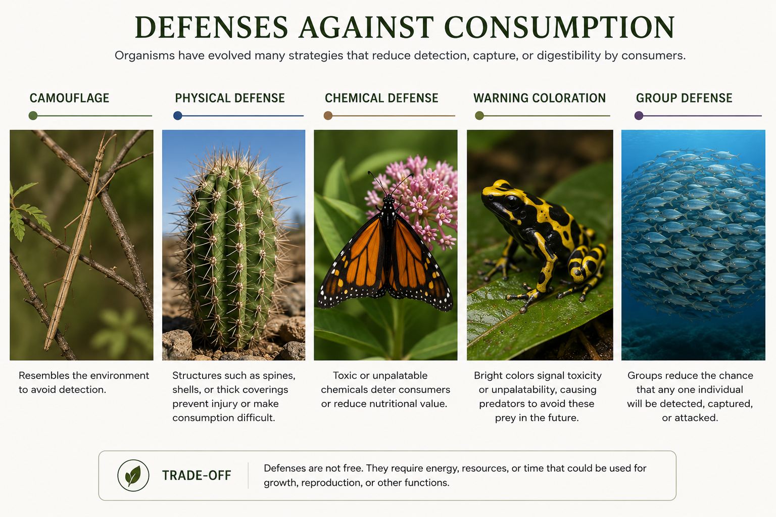 A clean multi-panel image shows examples of defenses: a walking stick camouflaged on a twig, cactus spines, a chemically defended monarch butterfly, a brightly colored poison dart frog, and a school of fish moving together.