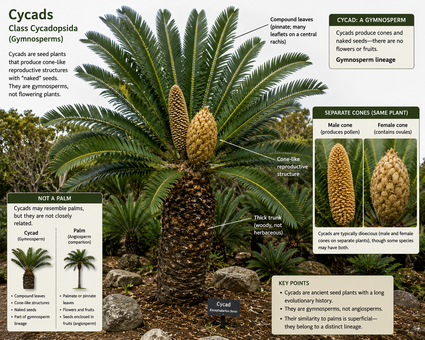 Class Cycadopsida. Cycads are gymnosperms with thick trunks, large compound leaves, and cone-like reproductive structures. They may resemble palms, but palms are flowering plants, while cycads belong to a separate seed plant lineage.
