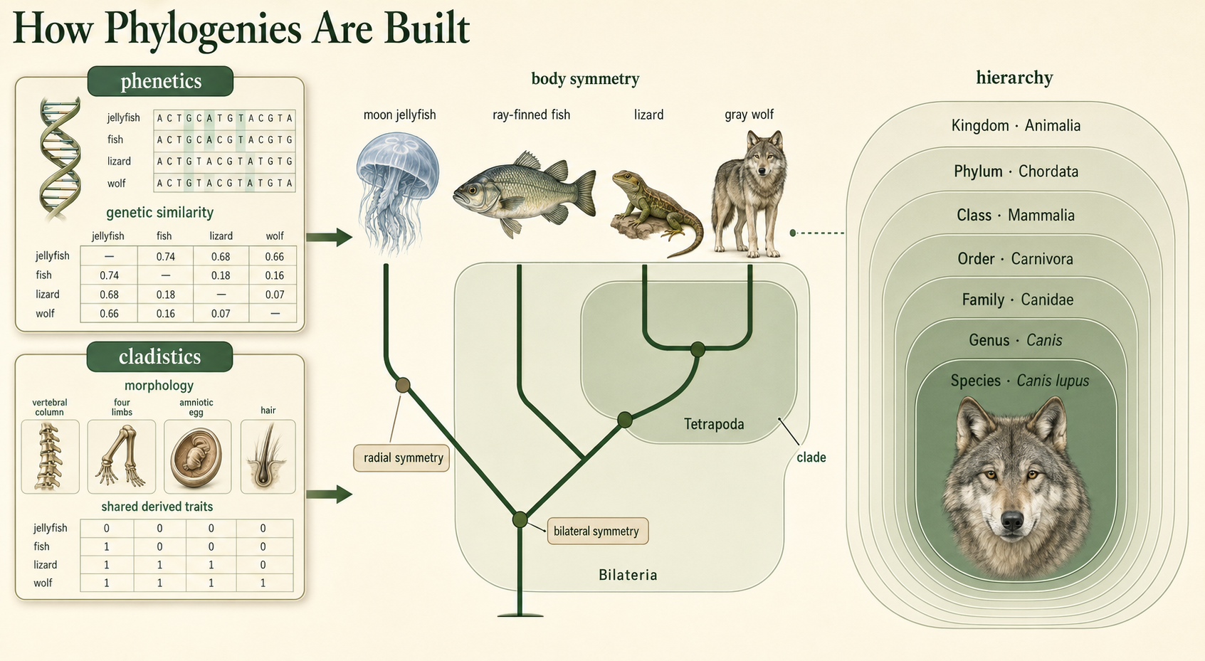 Genetic similarity and morphological traits feed into a phylogenetic tree with nested clades.