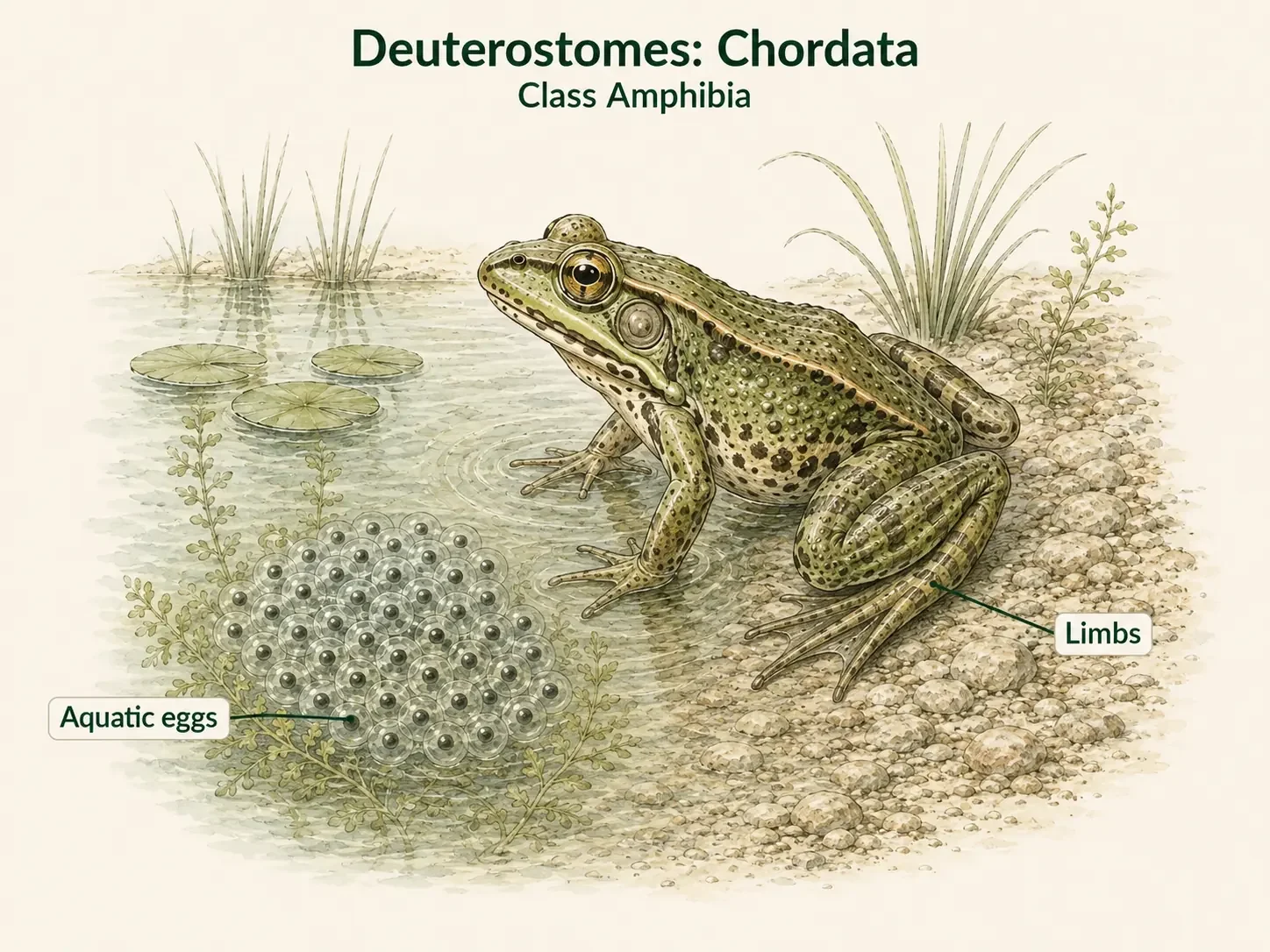 An amphibian beside a cluster of eggs in water, with the tetrapod limbs emphasized.