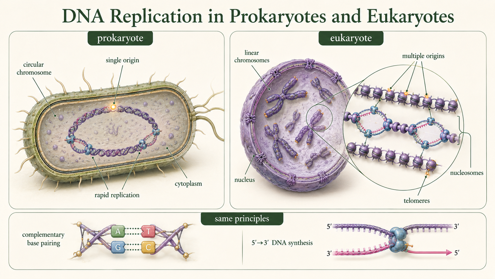 Bacterial replication from one origin is compared with eukaryotic replication from many origins on chromatin.
