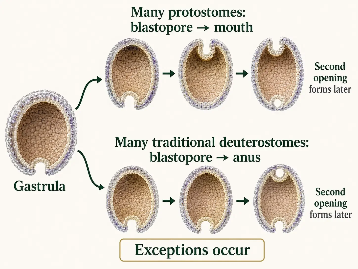 Side-by-side embryos compare classical blastopore fate: contribution to the mouth in many protostomes and to the anus in many traditional deuterostome lineages, with a note that numerous exceptions occur.