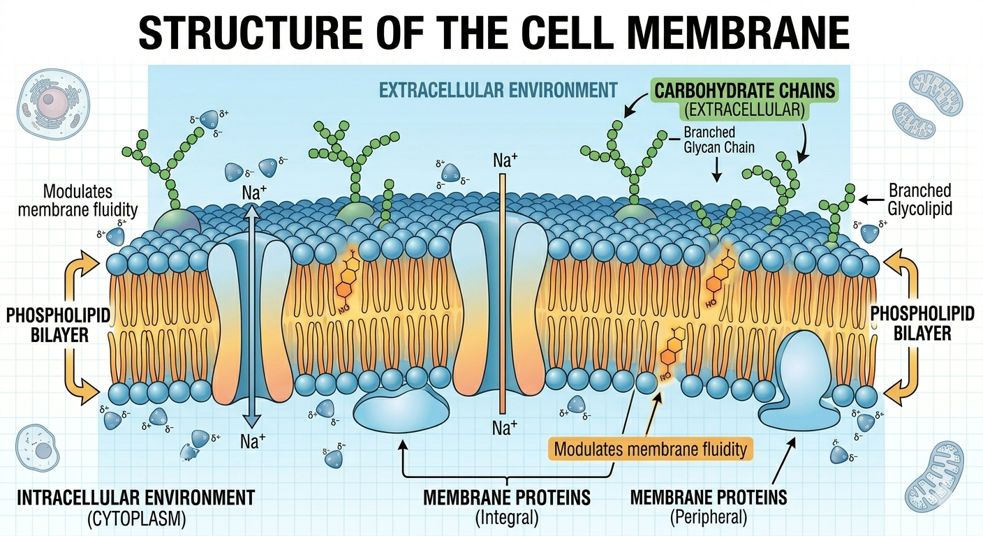 The cell membrane consists primarily of a phospholipid bilayer with embedded proteins and other molecules.