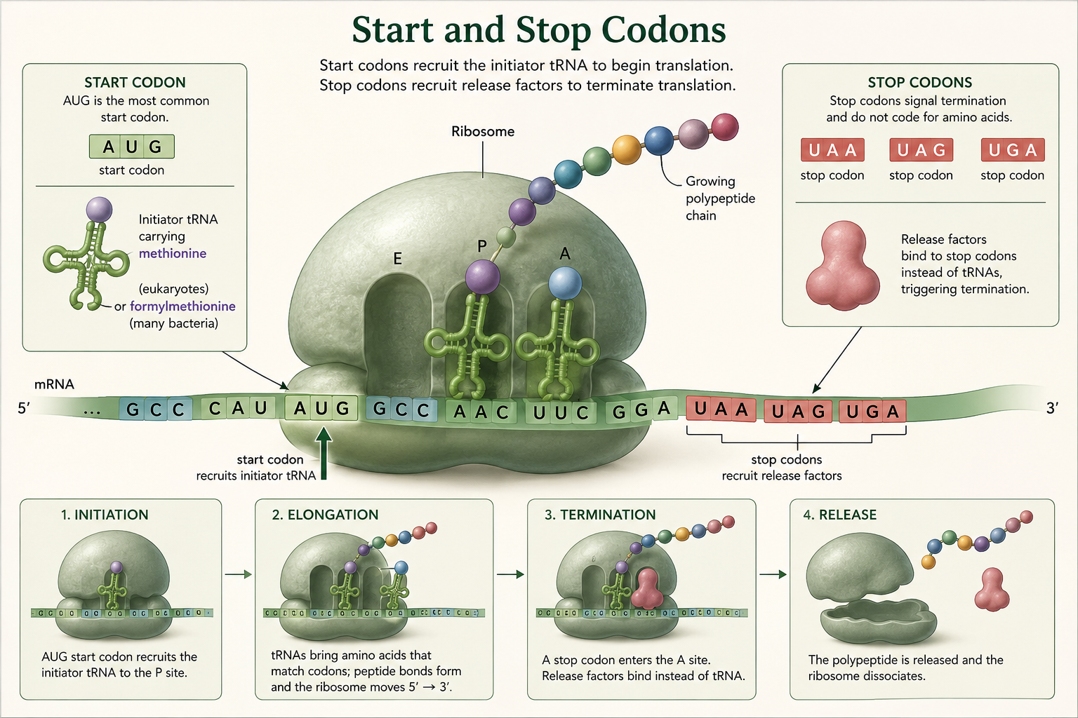 An mRNA strand shows AUG starting translation and UAA, UAG, and UGA acting as stop codons.
