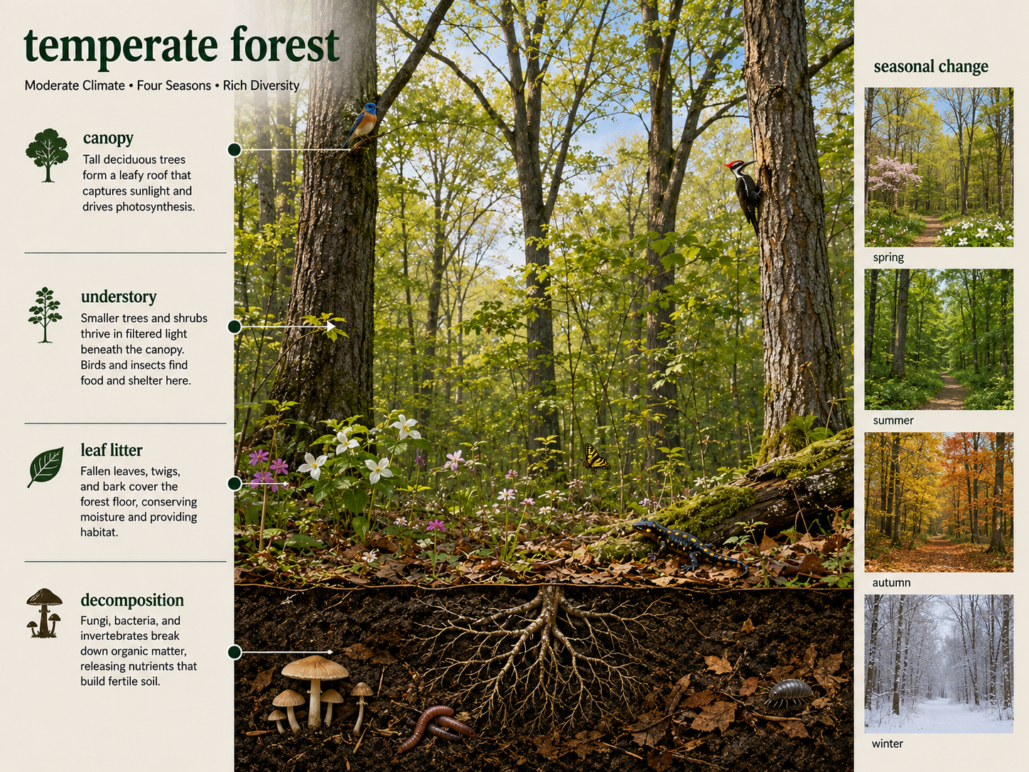 A temperate deciduous forest shows canopy trees, understory plants, shrubs, wildflowers, leaf litter, fungi, and seasonal cues.