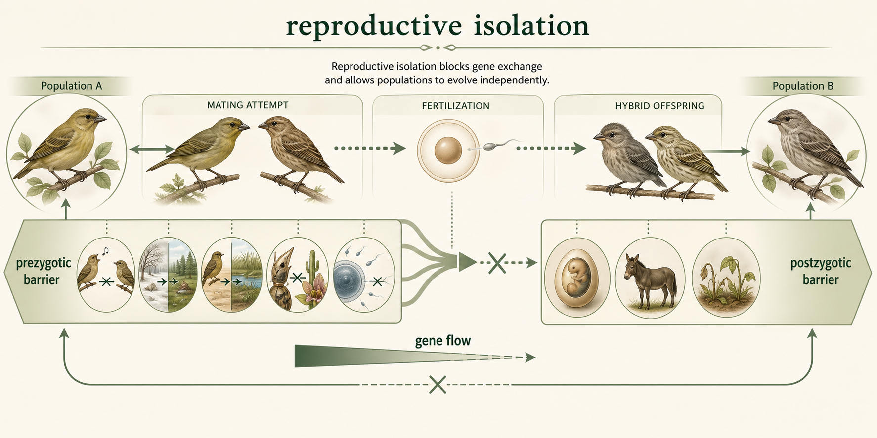 Two populations are separated by reproductive barriers before fertilization or after hybrid offspring form.