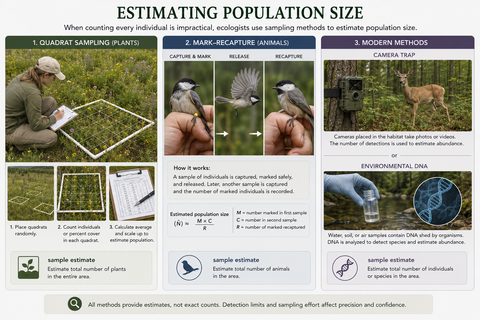 Three panels show population sampling methods. Ecologists count plants in quadrats, mark and recapture mobile animals, and collect data using a camera trap or environmental DNA sample.