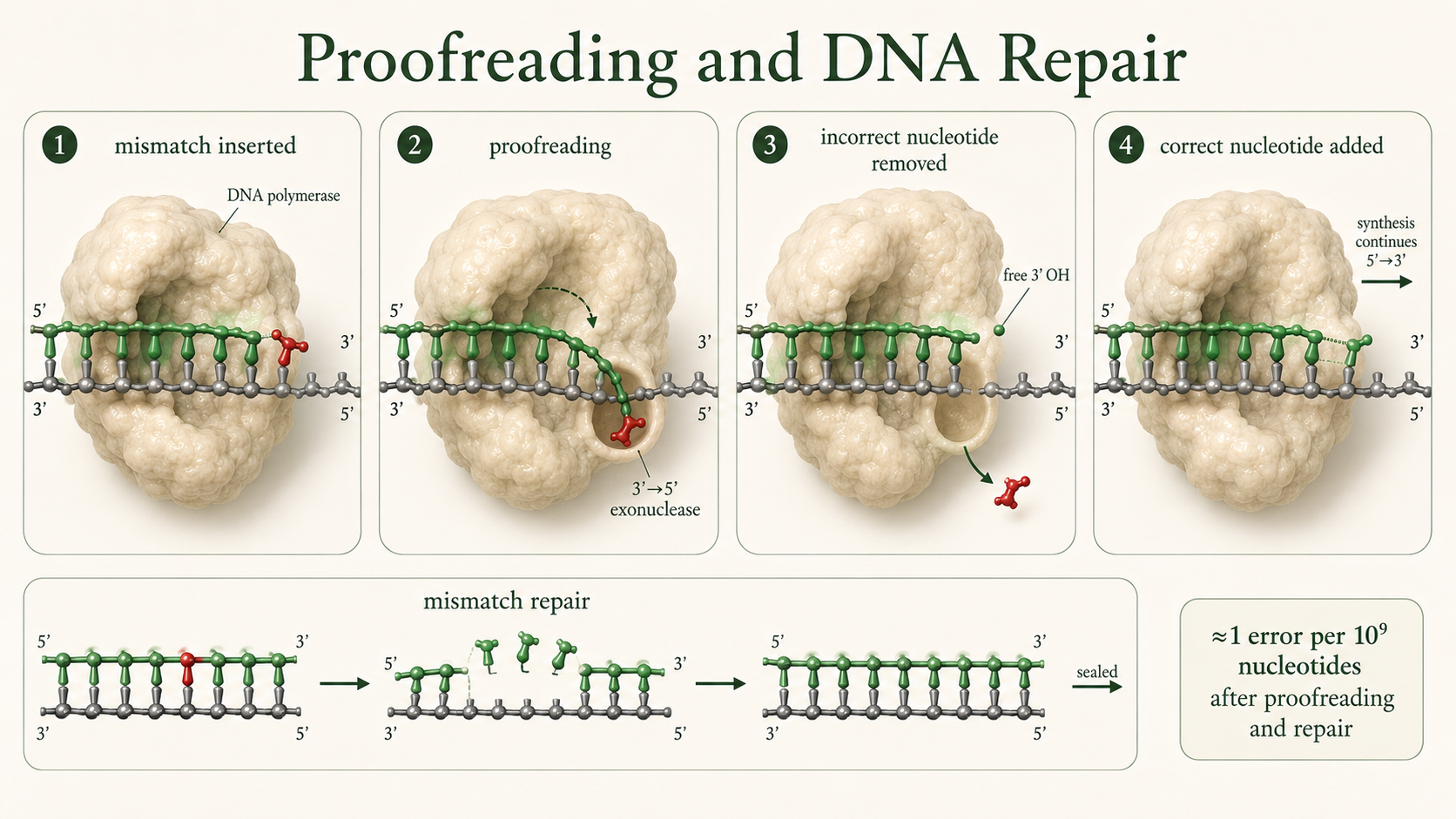 DNA polymerase identifies a mismatched nucleotide, removes it, and replaces it with the correct complementary base.