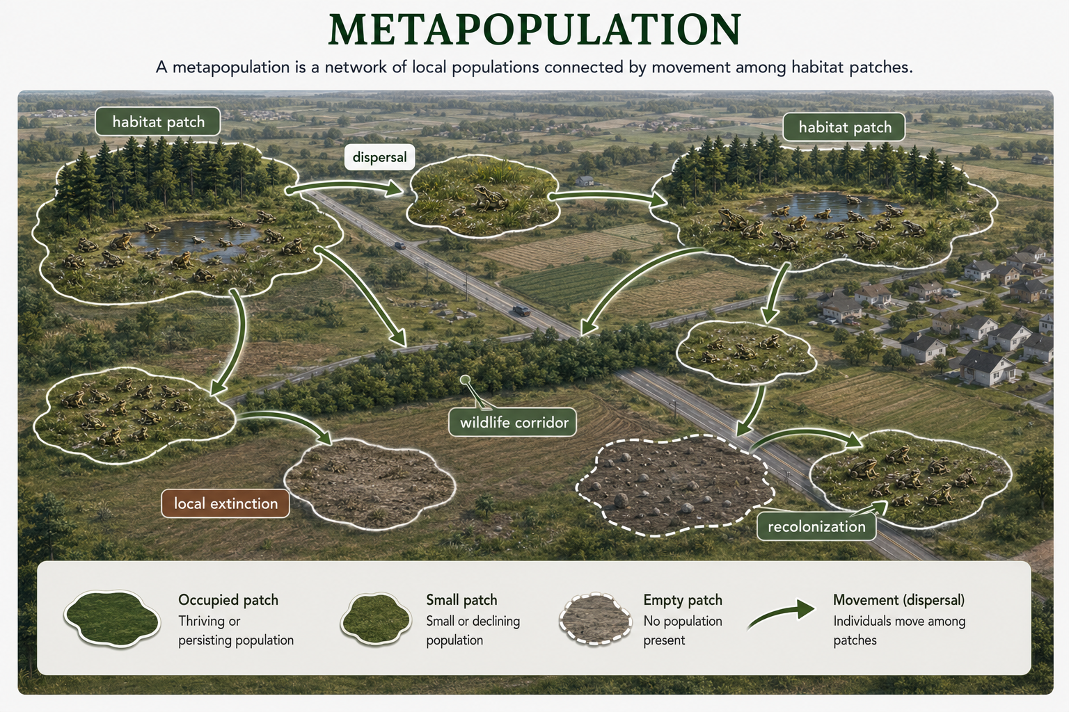A fragmented landscape shows several habitat patches separated by roads or farmland. Some patches contain local populations, one patch is empty, and arrows show dispersal, local extinction, and recolonization among patches