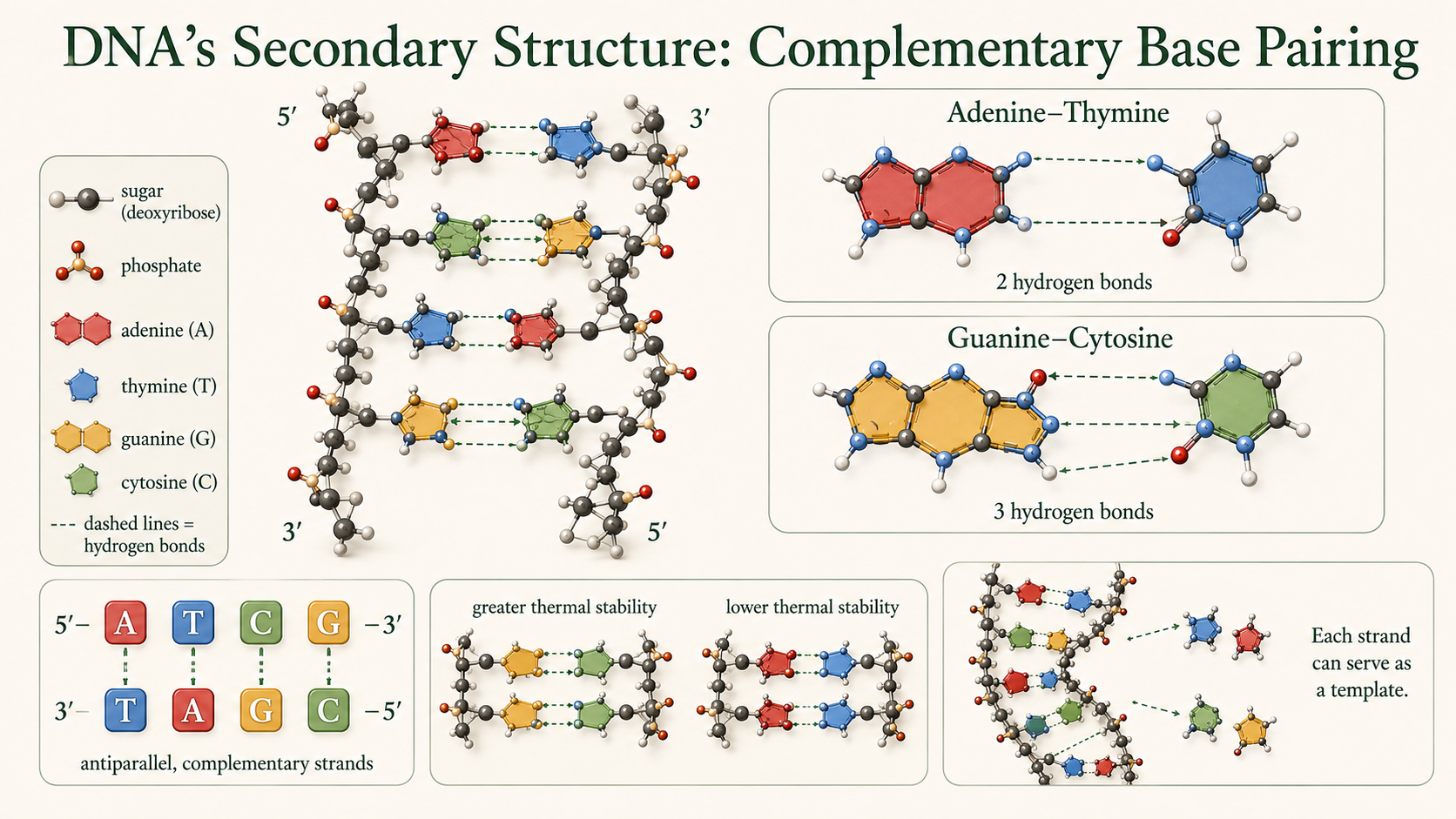 A central DNA double helix shows two antiparallel sugar-phosphate backbones connected by colored nitrogenous bases.