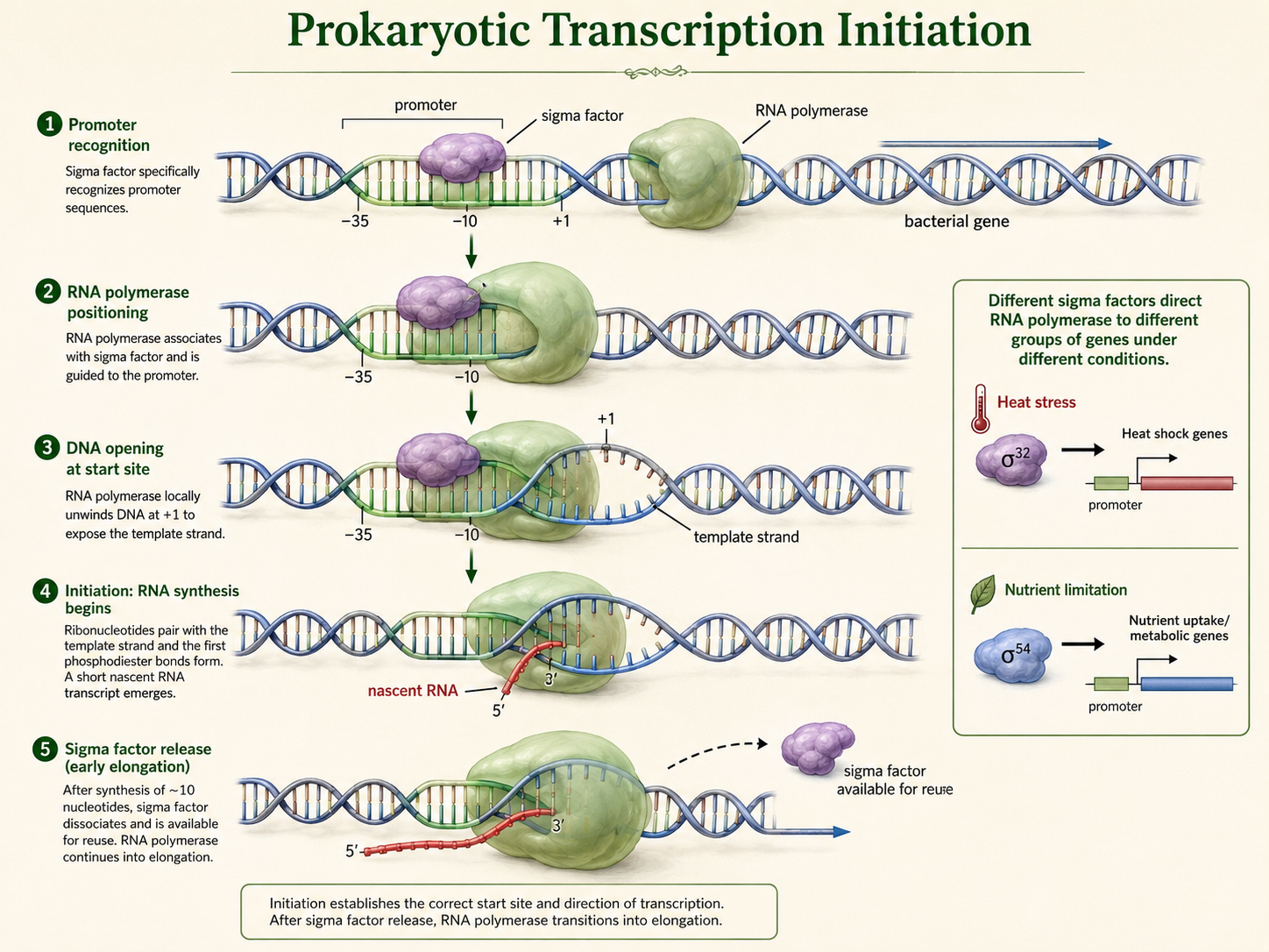 A sigma factor binds a bacterial promoter and guides RNA polymerase to start transcription.