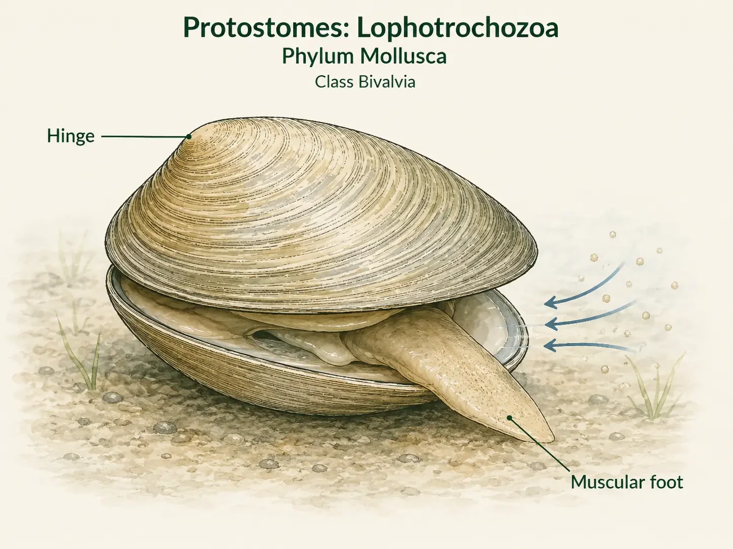 A clam with two shell valves joined at a hinge and part of the soft body extending between them.