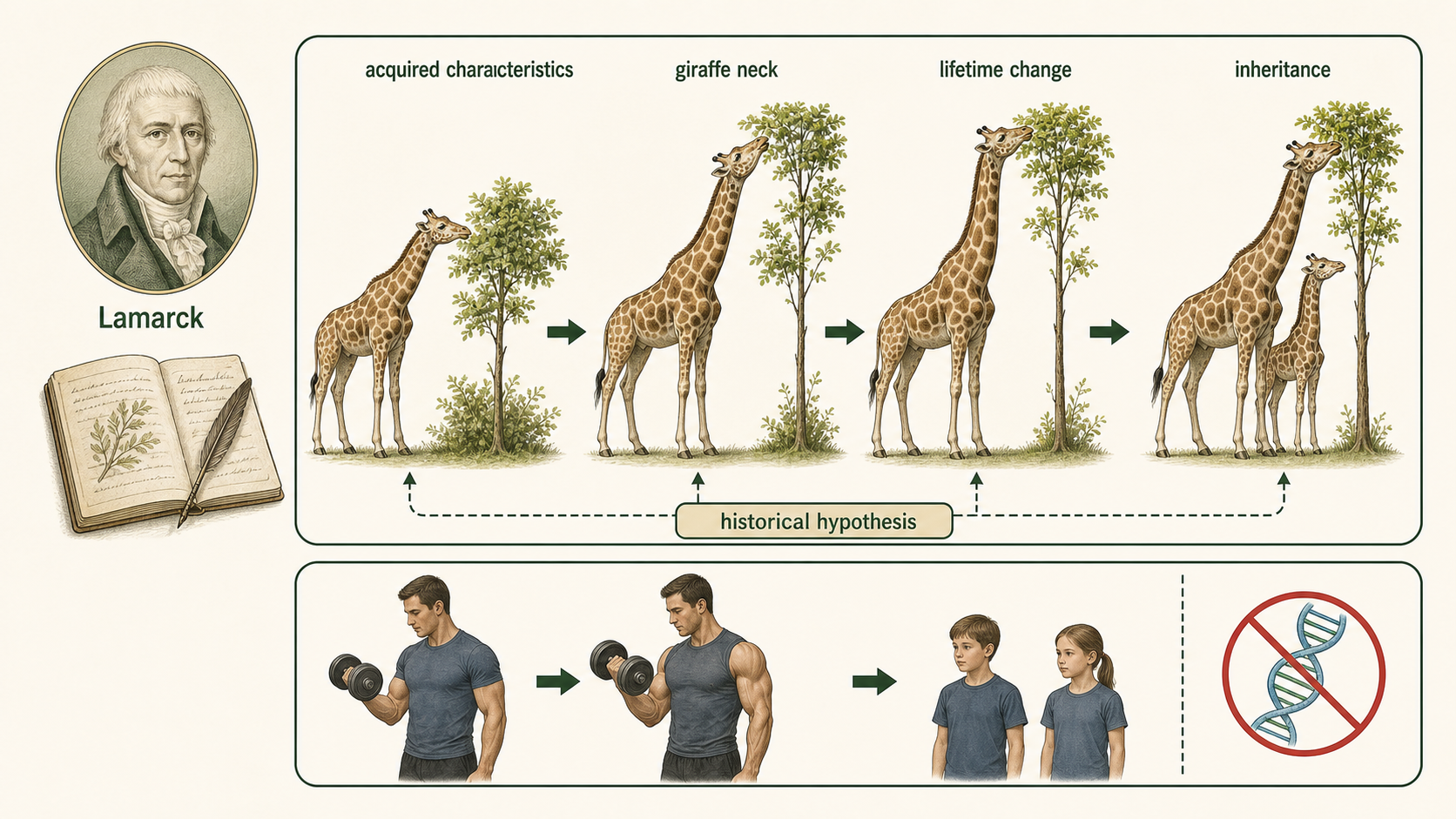 Lamarck’s giraffe example shows acquired traits being proposed as inherited, with the mechanism marked as inaccurate.