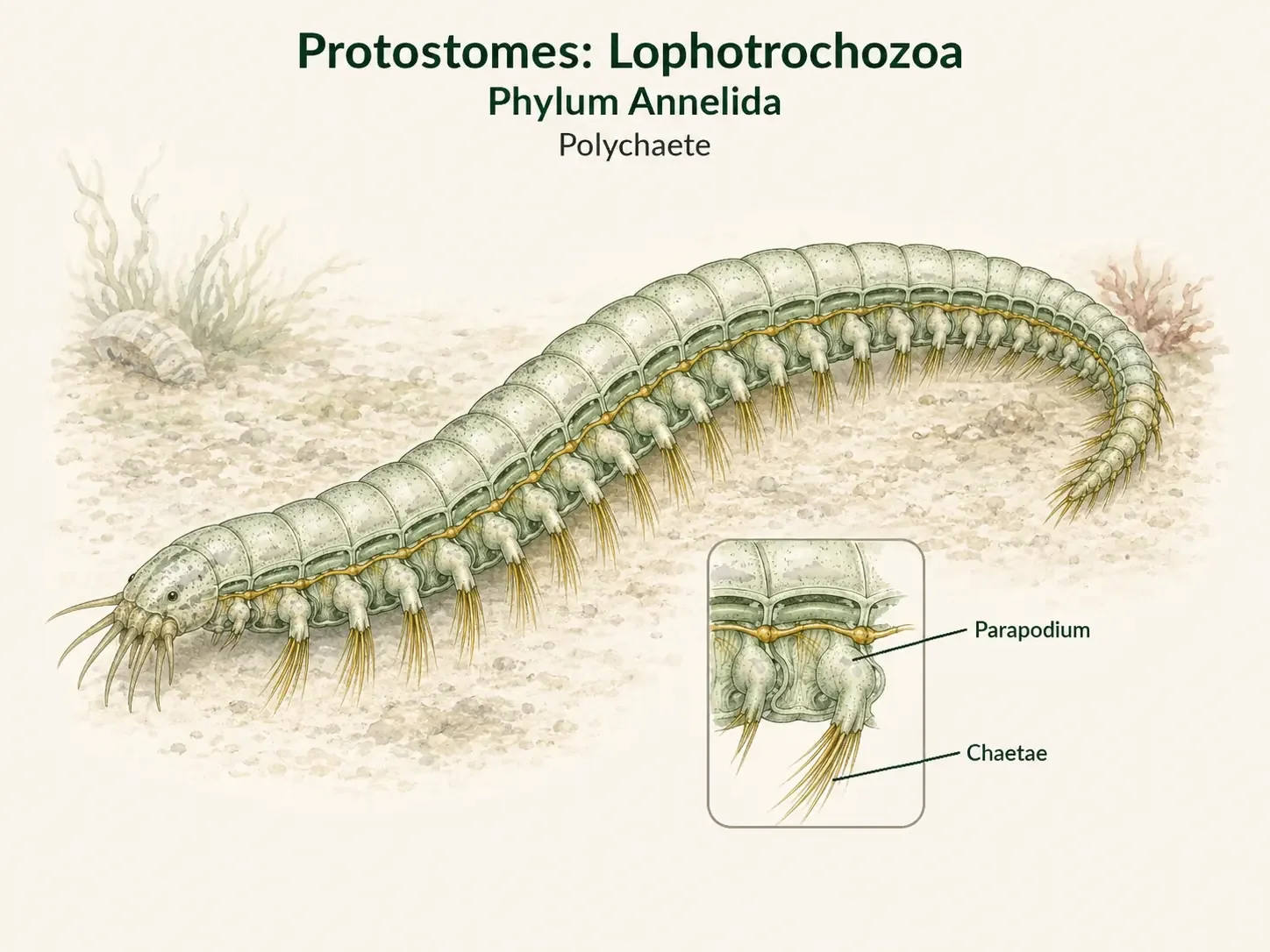 Several segments of a polychaete worm with lateral parapodia and bristle-like chaetae.