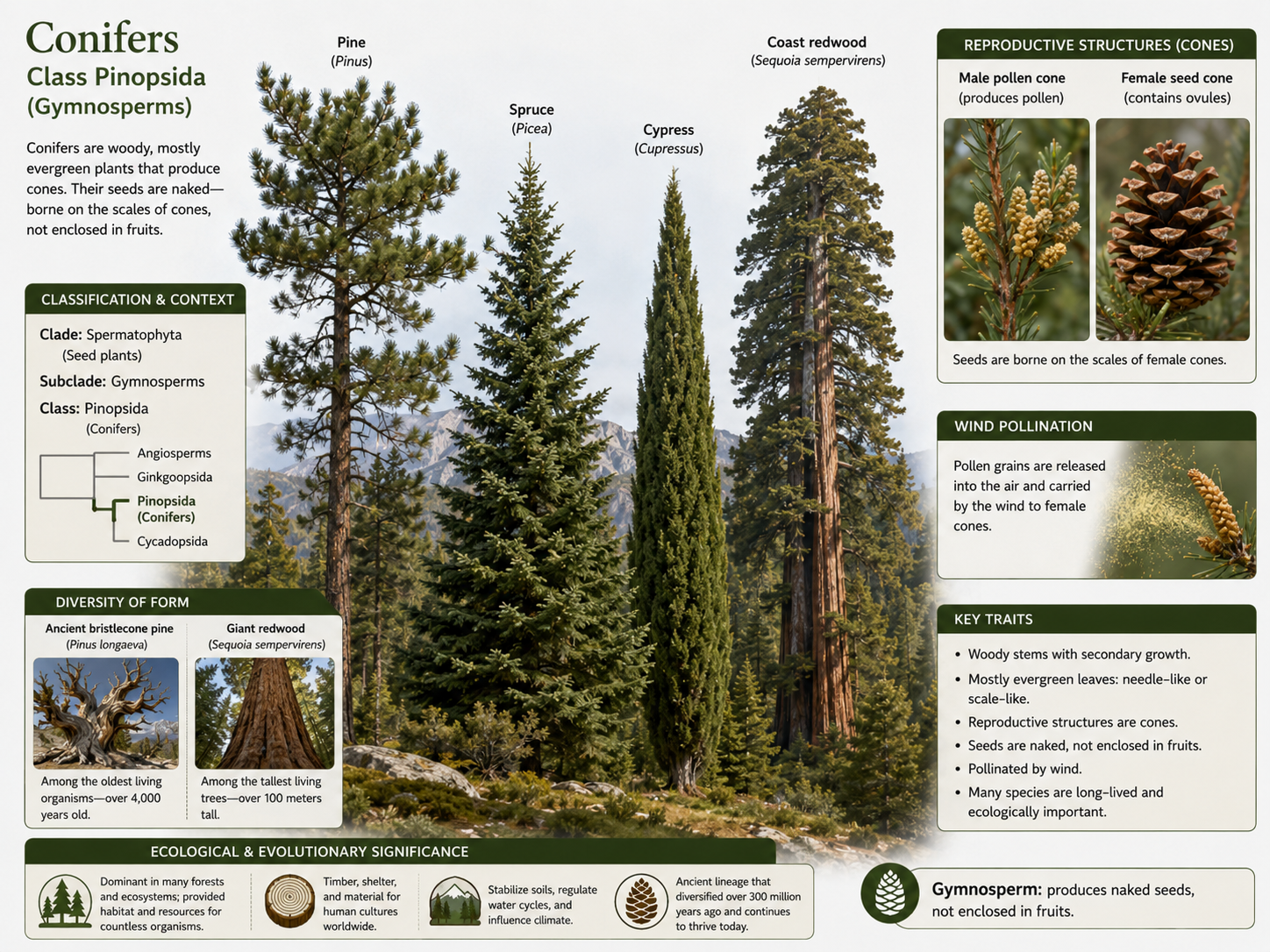 Class Pinopsida. Conifers are woody gymnosperms that usually have needle-like or scale-like leaves and seeds borne in cones. They include pines, spruces, firs, cypresses, junipers, redwoods, and some of the tallest and oldest living trees.