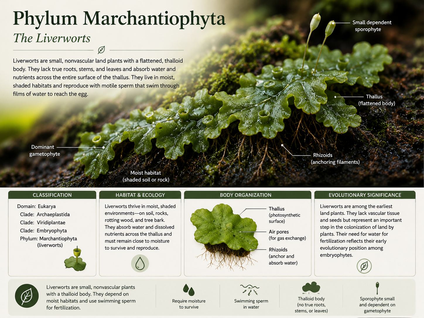 Liverworts are small nonvascular land plants with gametophyte-dominant life cycles. Many have flattened thalli, attach using rhizoids, and live in moist environments where swimming sperm can reach eggs during reproduction.