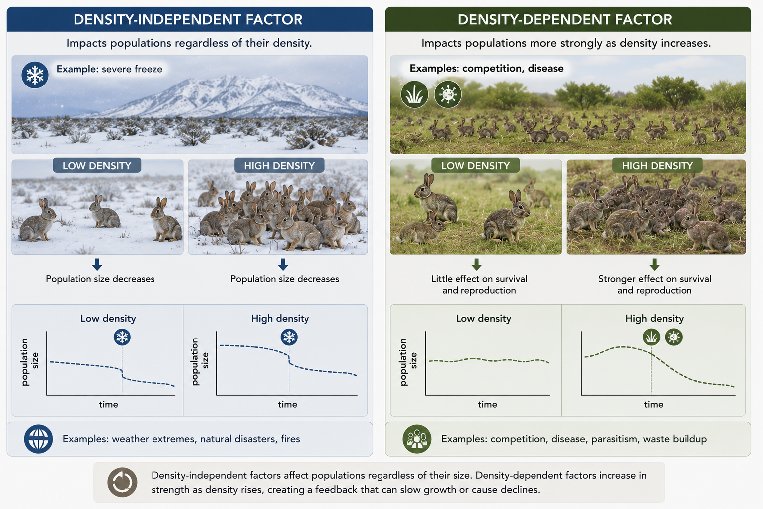 A split image compares two forms of population regulation. A weather event affects both sparse and crowded populations, while disease or competition is stronger in a crowded population than in a sparse one.