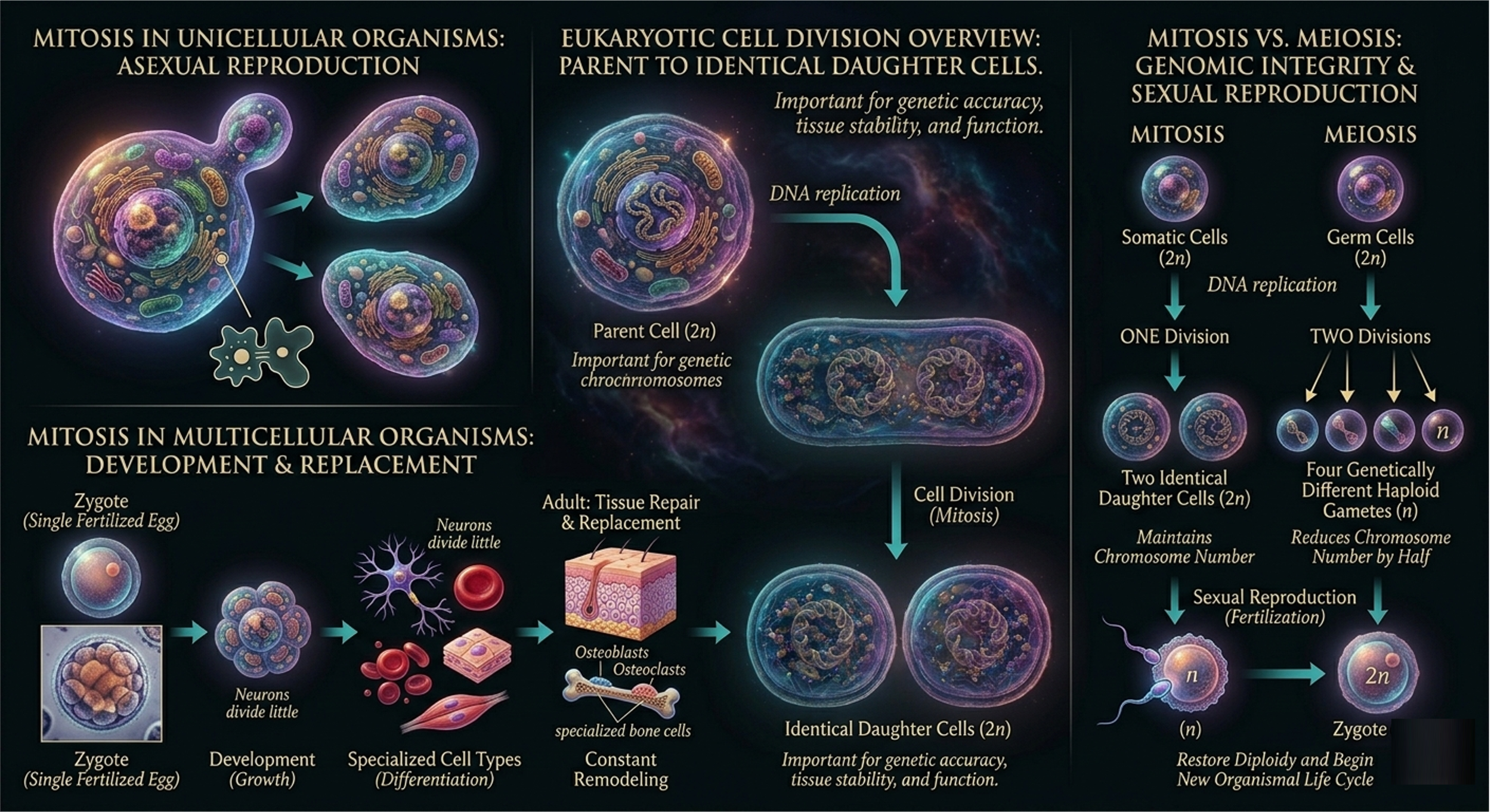 Eukaryotic cell division consists of interphase, mitosis, and cytokinesis. DNA is replicated before mitosis, and duplicated chromosomes are equally distributed into two genetically identical daughter cells.