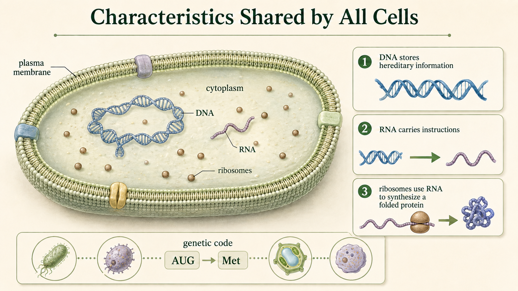 A generalized cell shows a plasma membrane, cytoplasm, DNA, RNA, ribosomes, and shared genetic code.