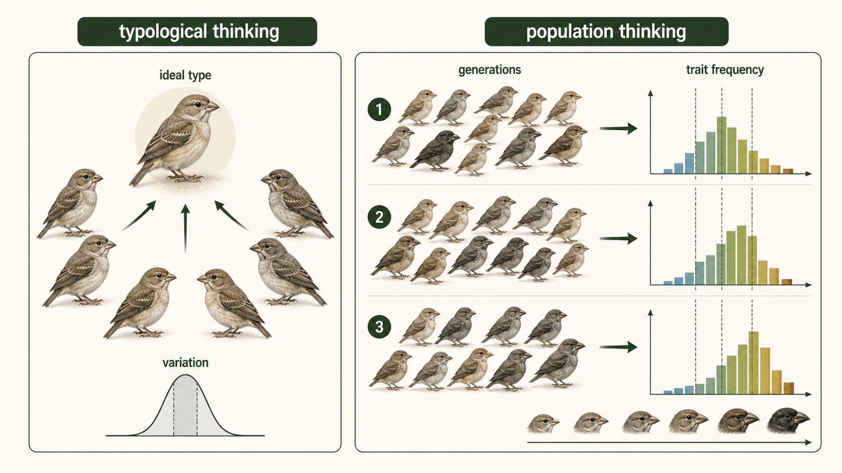 One panel shows an ideal type; another shows a varied population changing trait frequencies over generations.