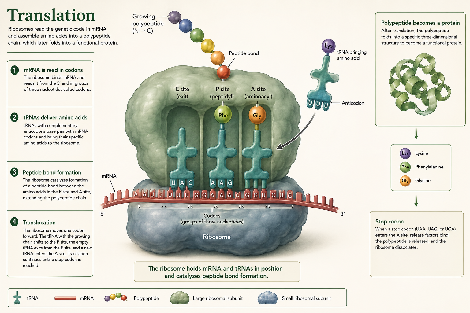A ribosome reads mRNA codons while tRNAs bring amino acids to build a growing polypeptide.