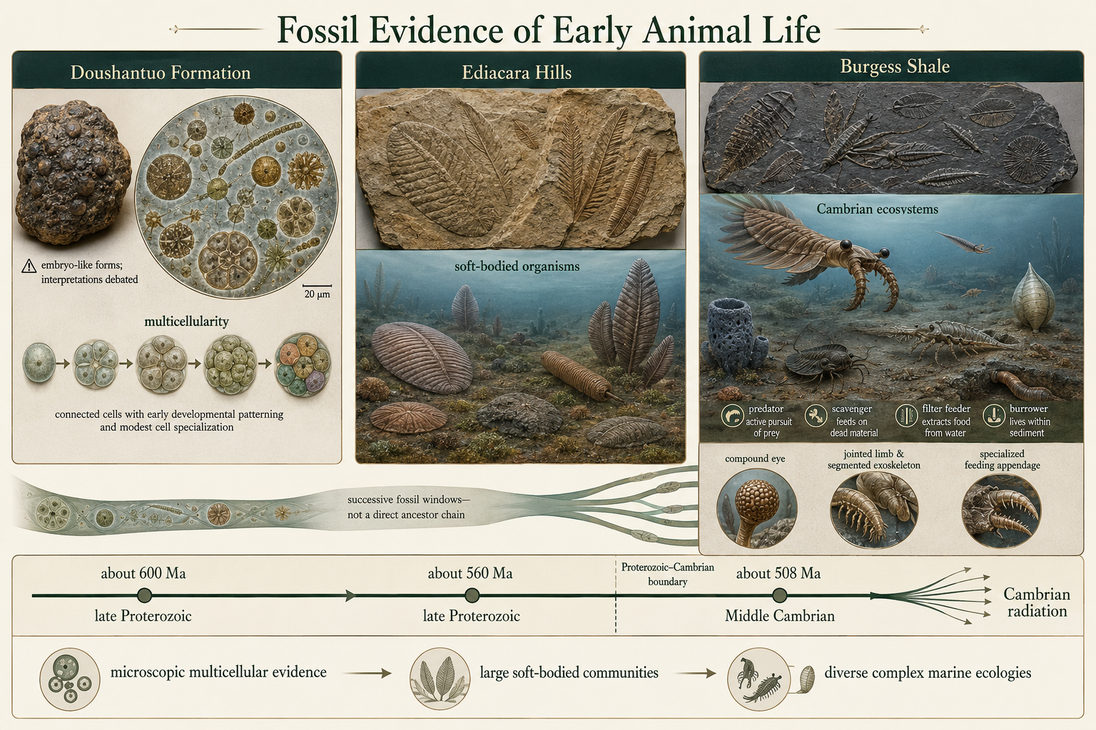A timeline compares Doushantuo, Ediacara, and Burgess Shale fossils, showing increasing complexity from microscopic forms to diverse Cambrian ecosystems.