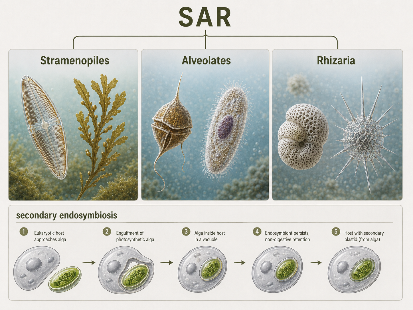 SAR includes Stramenopiles, Alveolates, and Rhizaria. This diverse eukaryotic group contains photosynthetic algae, microbial predators, parasites, and shell-building plankton that play major roles in aquatic ecosystems.