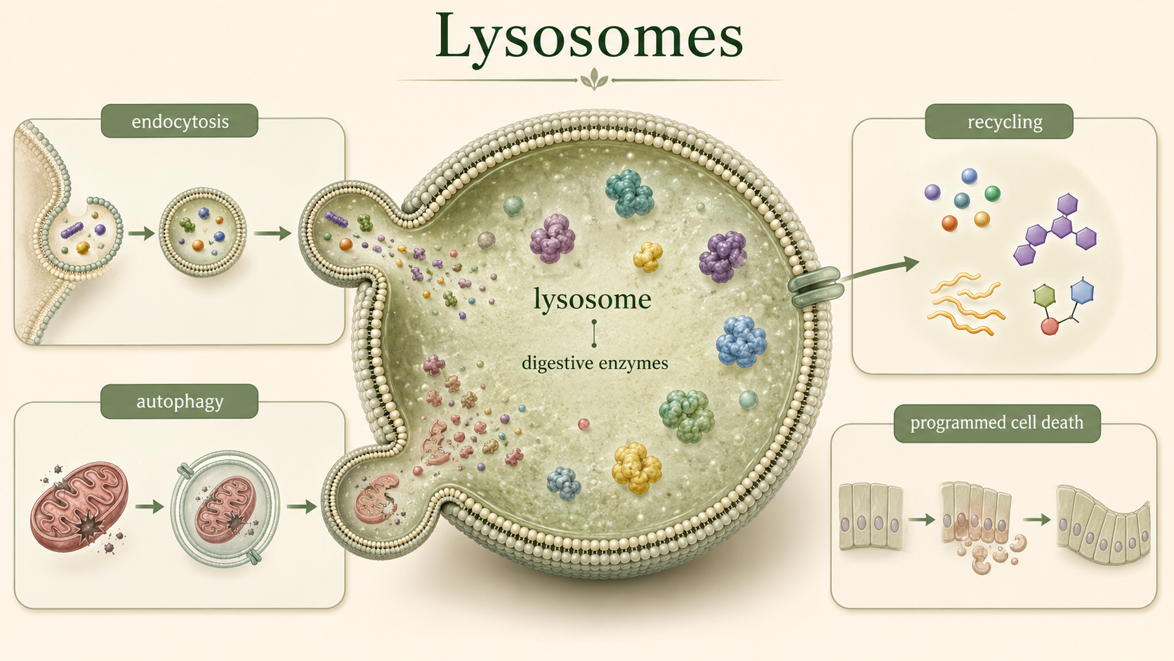 A lysosome digests food particles and damaged organelles, recycling molecules for reuse by the cell.