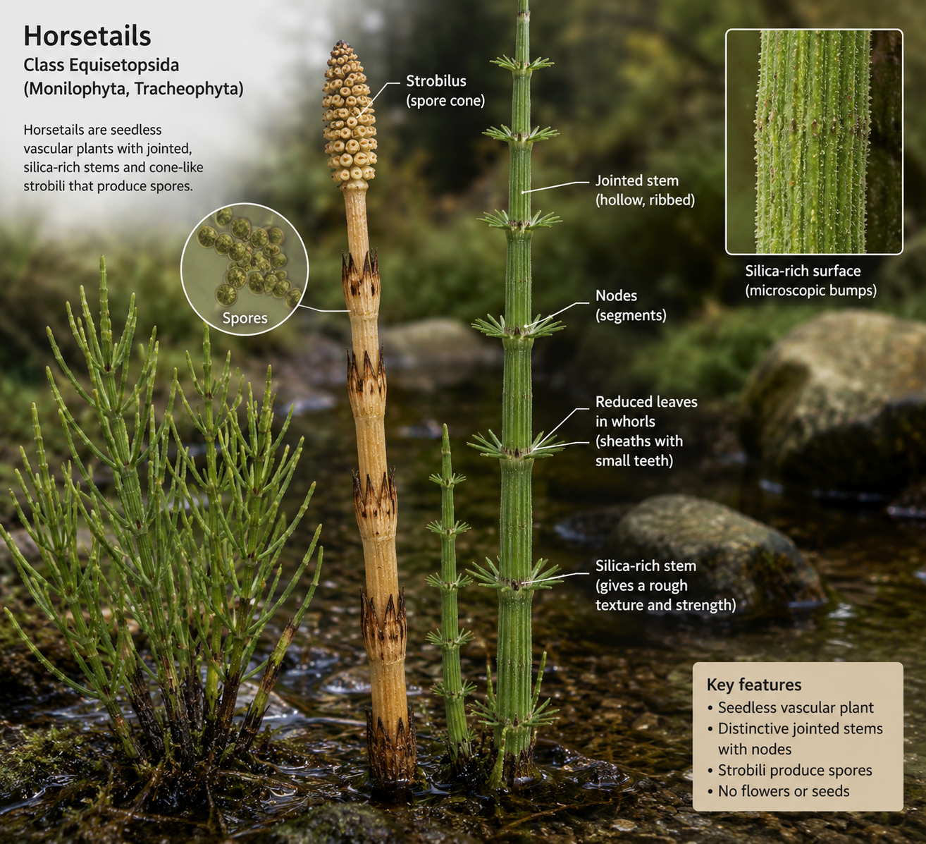 Class Equisetopsida. Horsetails are seedless vascular plants with jointed stems, reduced leaves, and spore-producing strobili. Their silica-rich stems and segmented appearance make them easy to recognize