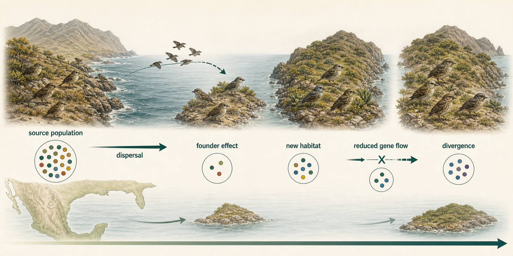 A small founder group disperses from a source population to a new habitat and begins diverging genetically.