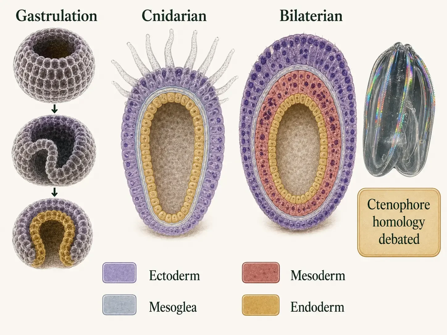 Gastrulation establishes the primary germ layers. Cnidarians are conventionally described as diploblastic, with ectoderm and endoderm separated by mesoglea, whereas bilaterians are triploblastic and also possess mesoderm.