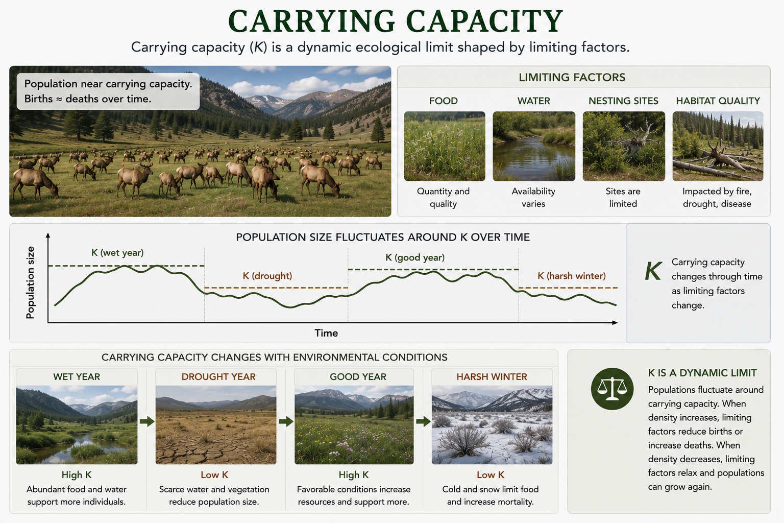 A population is shown in a habitat with limited food, water, space, and nesting sites. A graph shows population size fluctuating around carrying capacity, with K changing under wet and drought conditions.