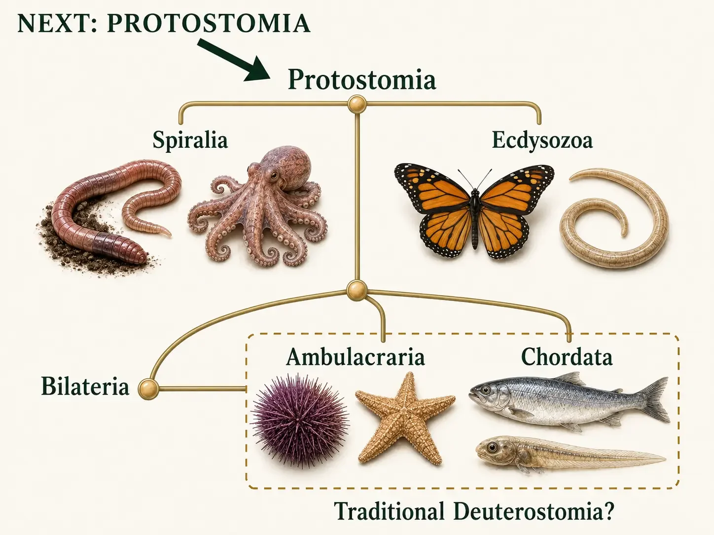 Earthworm, octopus, roundworm, and butterfly are grouped within Protostomia; earthworm and octopus represent Spiralia, while roundworm and butterfly represent Ecdysozoa.