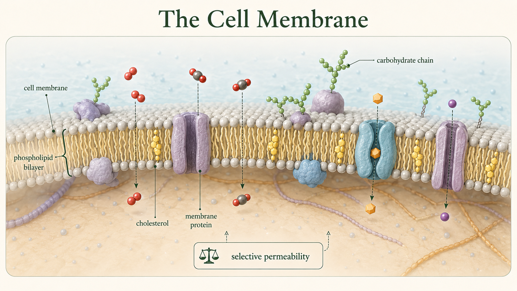 A phospholipid bilayer with proteins, cholesterol, and carbohydrates selectively controls movement between extracellular fluid and cytoplasm.