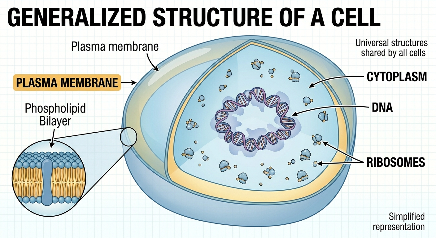 Figure 2. Structures shared by all cells. All cells possess a plasma membrane, cytoplasm, ribosomes, and DNA. These universal features support metabolism, protein synthesis, homeostasis, and inheritance in every known form of life.