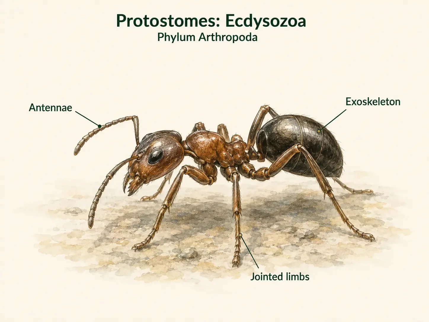 A generalized arthropod with jointed limbs, a rigid external exoskeleton, and antennae labeled.