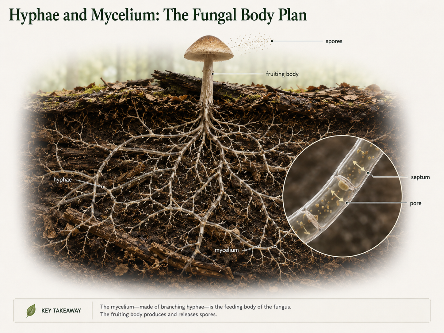 Hyphae and Mycelium. Multicellular fungi grow as branching hyphae that form a mycelium. Septa with pores can connect hyphal compartments, allowing materials and signals to move through the fungus.